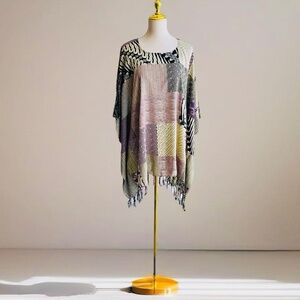 0059/ purple Multicolor Poncho with fringed, Batik Poncho with fringed